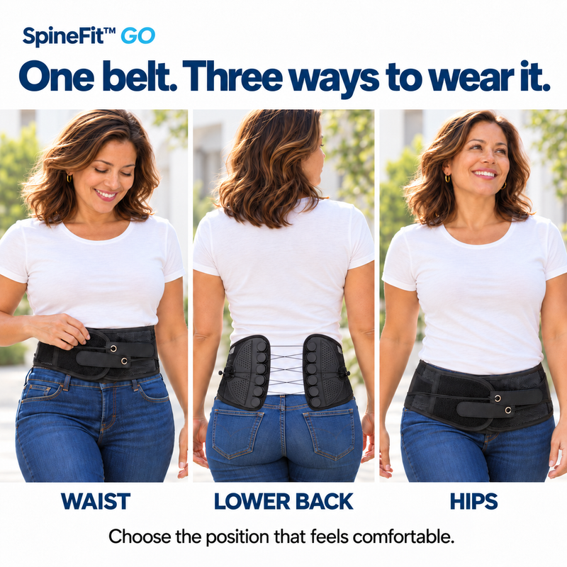 The belt shown in three wearing positions: waist, lower back and upper hips