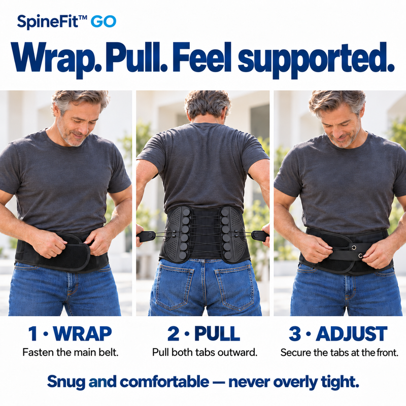 Three steps for wearing the belt: wrap, pull both tabs outward and secure the tabs at the front