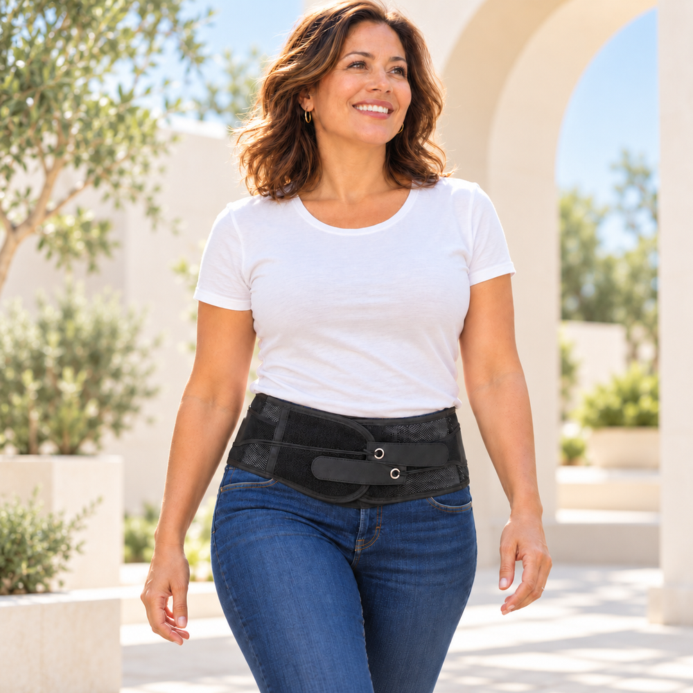 Woman wearing the black back support belt outdoors