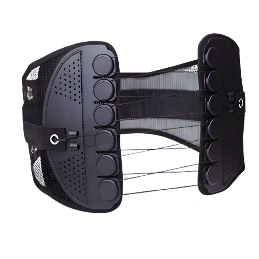 The back support belt showing the mesh construction, two rear pulley plates and connected cord system