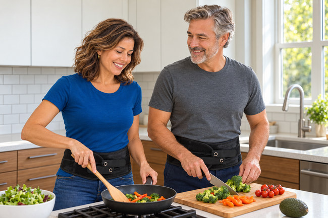 Two people cooking at home wearing the support belt