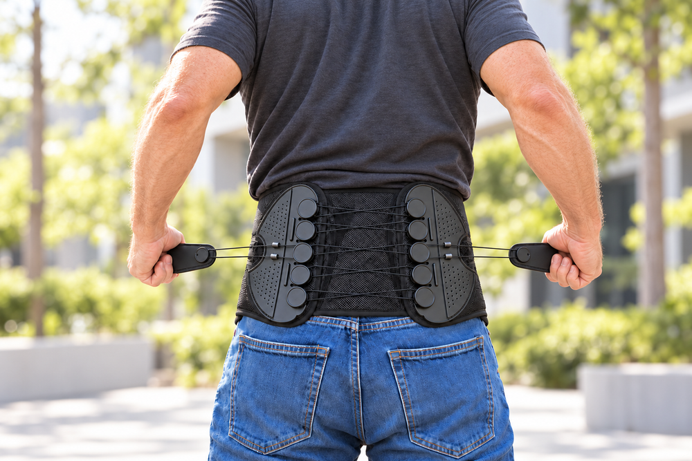 Rear view of the back support belt with both pull tabs being adjusted