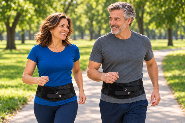 Two people walking outdoors wearing the support belt